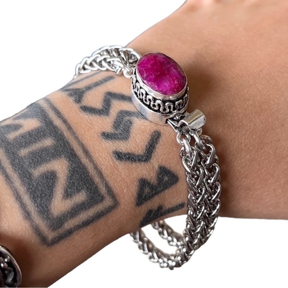 Genuine pink indian ruby gemstone stainless steel double chain boho bracelet - Picture 1 of 15